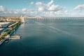 Beautiful aerial Lisbon city view by the cable car and huge Altice or MEO arena and stadium.