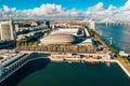 Beautiful aerial Lisbon city view by the cable car and huge Altice or MEO arena and stadium.