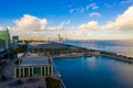 Beautiful aerial Lisbon city view by the cable car and huge Altice or MEO arena and stadium.