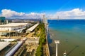 Beautiful aerial Lisbon city view by the cable car and huge Altice or MEO arena and stadium.