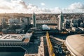 Beautiful aerial Lisbon city view by the cable car and huge Altice or MEO arena and stadium.