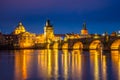 aerial night view of Charles Bridge over Vltava river in Prague city, Czech Republic Royalty Free Stock Photo