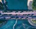 Beautiful aerial overhead shot of a bridge spanning over the sea Royalty Free Stock Photo