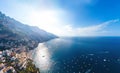 Beautiful aerial panorama view of Amalfi coast. Rocky shores and incredible beaches, Luxury yachts, boats and apartments