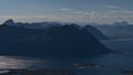 Beautiful aerial panorama view over the rugged mountains and fjords of Lofoten, a chain of islands in northern Norway. Royalty Free Stock Photo