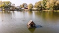 Beautiful aerial photo of the floating wooden house for ducks Royalty Free Stock Photo