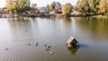 Beautiful aerial photo of the floating wooden hut for ducks Royalty Free Stock Photo