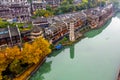 Beautiful aerial angle of Fenghuang ancient town beside TuoJiang river