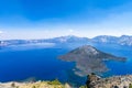 Beautiful aerial shot of Wizard Island in the Crater Lake National Park of Oregon, USA Royalty Free Stock Photo