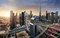 Beautiful aerial sunrise in Dubai centre with panoramic skyline view, UAE