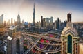 Beautiful aerial sunrise in Dubai centre with panoramic skyline view, UAE