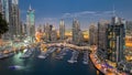 Beautiful aerial top view day to night timelapse of Dubai Marina in Dubai, UAE Royalty Free Stock Photo