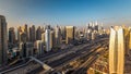 Beautiful aerial top view at sunset timelapse of Dubai Marina and JLT in Dubai, UAE Royalty Free Stock Photo