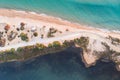 Beautiful aerial vibrant view of Korission Lake Lagoon landscape, Corfu island, Greece with pink flamingos flock, Ionian sea beach