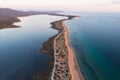 Beautiful aerial vibrant view of Korission Lake Lagoon landscape, Corfu island, Greece with pink flamingos flock, Ionian sea beach