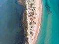 Beautiful aerial vibrant view of Korission Lake Lagoon landscape, Corfu island, Greece with pink flamingos flock, Ionian sea beach