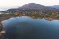 Beautiful aerial vibrant view of Korission Lake Lagoon landscape, Corfu island, Greece with pink flamingos flock, Ionian sea beach