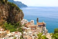 Beautiful aerial view of Atrani village between green branches a Royalty Free Stock Photo