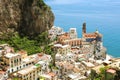 Beautiful aerial view of Atrani village between green branches a Royalty Free Stock Photo