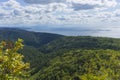 Beautiful aerial view of the Black Sea from top of the hill of the green forest. Sun light reflection. Royalty Free Stock Photo