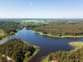 Beautiful aerial view of blue lake and green forest district in Royalty Free Stock Photo