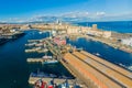 Beautiful aerial view of boats anchored in the port in of the city of Barcelona Royalty Free Stock Photo