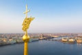 Beautiful aerial view on the center of winter Saint Petersburg city through the Angel of Peter and Paul Cathedral