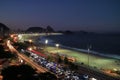 Beautiful aerial view of Copacabana Beach and Sugar Loaf mountain in distance by night, Rio de Janeiro, Brazil Royalty Free Stock Photo