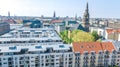 Beautiful aerial view of Copenhagen skyline from above, Nyhavn historical pier port and canal with color buildings and boats Royalty Free Stock Photo