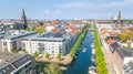 Beautiful aerial view of Copenhagen skyline from above, Nyhavn historical pier port and canal with color buildings and boats