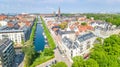 Beautiful aerial view of Copenhagen skyline from above, Nyhavn historical pier port and canal with color buildings and boats Royalty Free Stock Photo