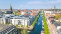 Beautiful aerial view of Copenhagen skyline from above, Nyhavn historical pier port and canal with color buildings and boats Royalty Free Stock Photo