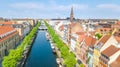 Beautiful aerial view of Copenhagen skyline from above, Nyhavn historical pier port and canal with color buildings and boats Royalty Free Stock Photo