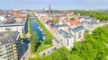 Beautiful aerial view of Copenhagen skyline from above, Nyhavn historical pier port and canal with color buildings and boats Royalty Free Stock Photo