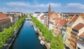 Beautiful aerial view of Copenhagen skyline from above, Nyhavn historical pier port and canal, Copenhagen, Denmark