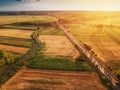 Beautiful aerial view of countryside and fields in sunset Royalty Free Stock Photo
