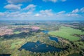 Beautiful aerial view of the Dinton Pastures Country Park, Black and White Swan Lake, and Winnersh Triangle Royalty Free Stock Photo