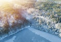 Beautiful aerial view from drone of winter landscape with forest, snow, frozen lake and river. Rime ice and hoar frost covering tr Royalty Free Stock Photo