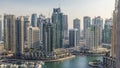Beautiful aerial view of Dubai Marina promenade and canal with floating yachts and boats before sunset in Dubai, UAE. Royalty Free Stock Photo