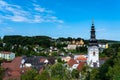 Beautiful aerial view of Ehrenhausen town with the clock tower of the Catholic pilgrimage church, Austria