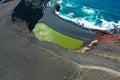 Drone photography. Green Lagoon, black Lava Beach and atlantic ocean. Lanzarote, Spain