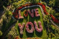 A beautiful aerial view of a flower field where - i love you - is spelled out in colorful blooms, surrounded by lush greenery,