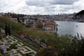 Beautiful aerial view of geometrical gardens and Porto in the background