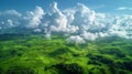 A beautiful aerial view of green fields and clouds Royalty Free Stock Photo