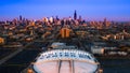 Aerial View of the United Center with Chicago Skyline in Background. Blue Hour