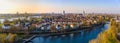 Aerial view of Kehl cityscape on evening with the Rhine river on the left, border between Germany and France, from the