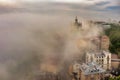 Beautiful aerial view of Kiev city in an earlier foggy morning, Vozdvizhenka, Podolsk district, Ukraine.