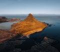 Beautiful aerial view of the Kirkjufell high mountain in Iceland, on the Snaefellsnes peninsula. Sunset Sunrise soft Royalty Free Stock Photo