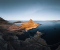 Beautiful aerial view of the Kirkjufell high mountain in Iceland, on the Snaefellsnes peninsula. Sunset Sunrise soft Royalty Free Stock Photo