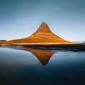 Beautiful aerial view of the Kirkjufell high mountain in Iceland, on the Snaefellsnes peninsula. Sunset Sunrise soft Royalty Free Stock Photo